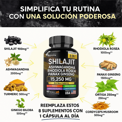 8 en 1 Cápsulas - Shilajit Ashwagandha Rhodiola Rosea Panax y Ginseng